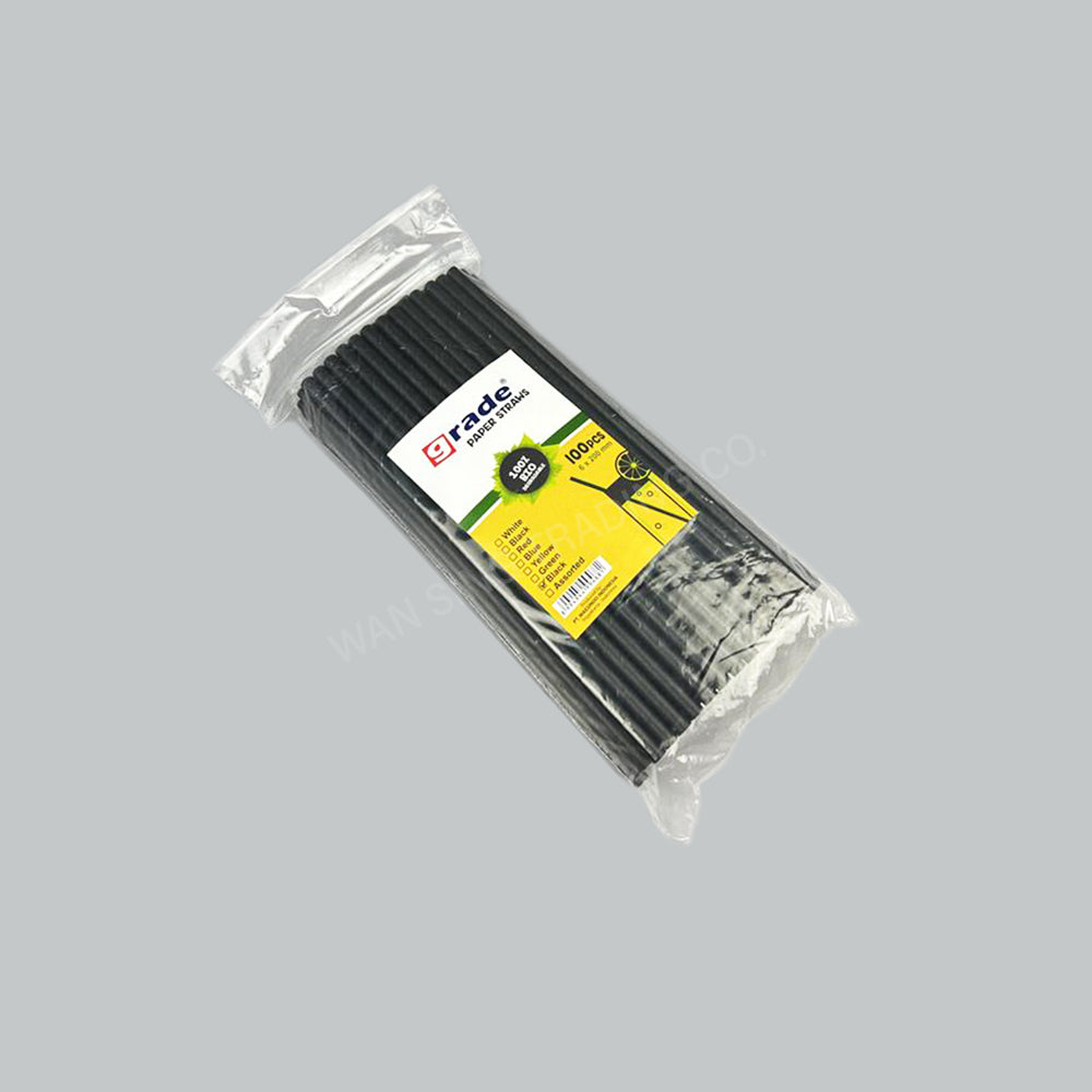 GRADE PAPER STRAW 6X200MM BLK 100'S/PKT